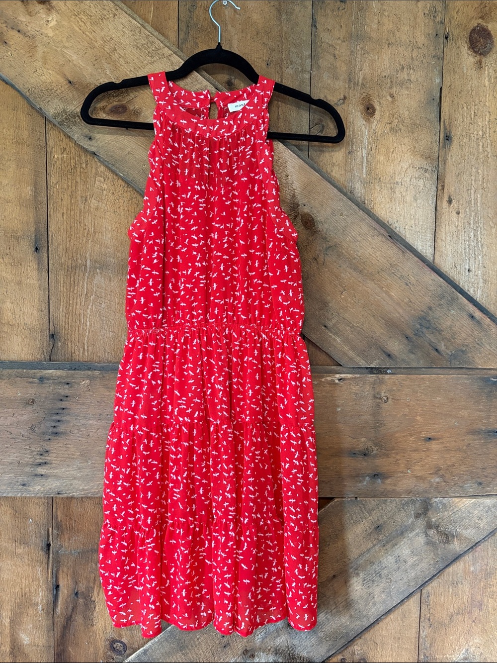 Monteau Red White Ditsy Print Sleeveless Tiered Dress Bohemian Medium 501072